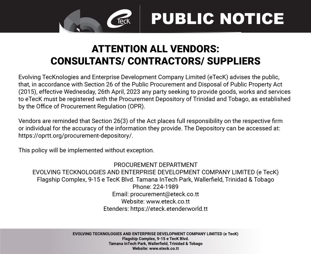 Public Notice: Vendors and Contractors must register with the Procurement Depository of T&T