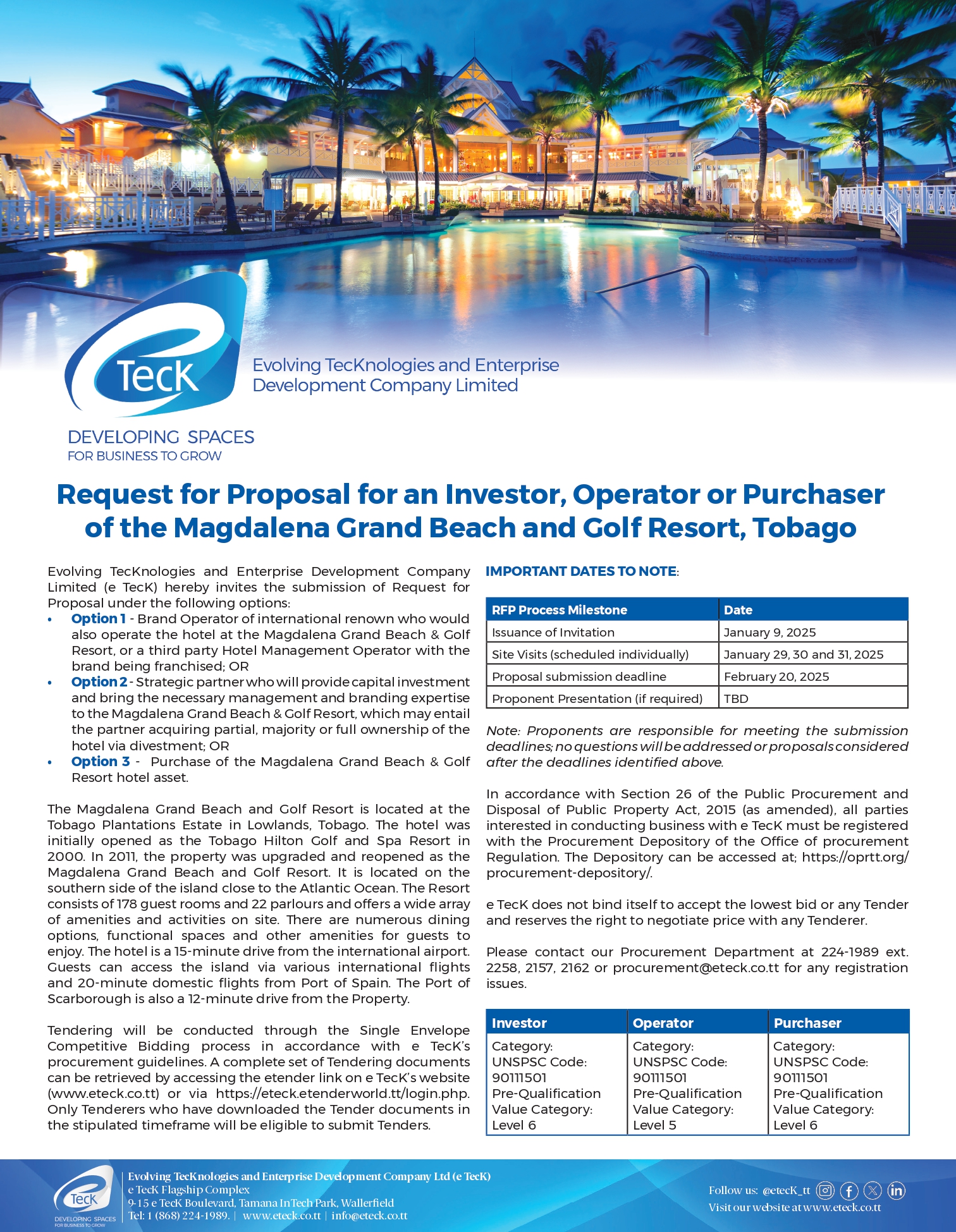 Request for Proposal for an Investor, Operator, or Purchaser of the Magdalena Grand Beach and Golf Resort, Tobago